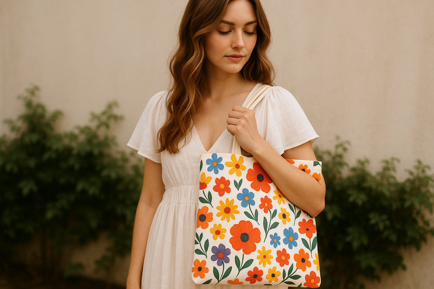 A woman with long wavy light brown hair in a flowy white dress holding a colorful flower print bag
